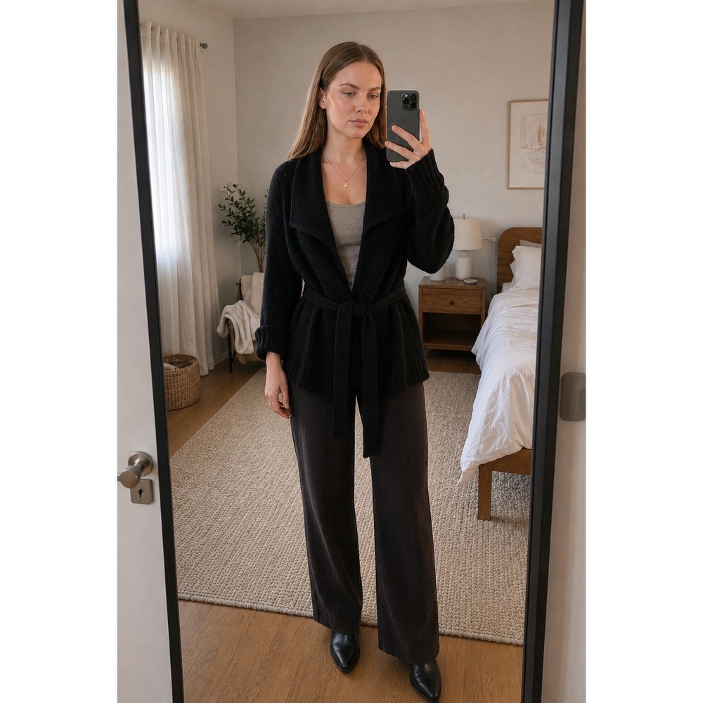 Womens Alpaca Blend Cardigan L Black Belted Wrap Minimalist Quiet Luxury Cozy